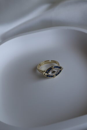 Lacivert Taşlı Küçük Göz Detaylı Ayarlanabilir Gold Yüzük