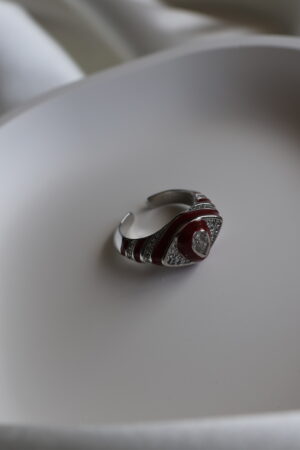 Bordo Mineli Taşlı Göz Detaylı Ayarlanabilir Gümüş Renk Yüzük